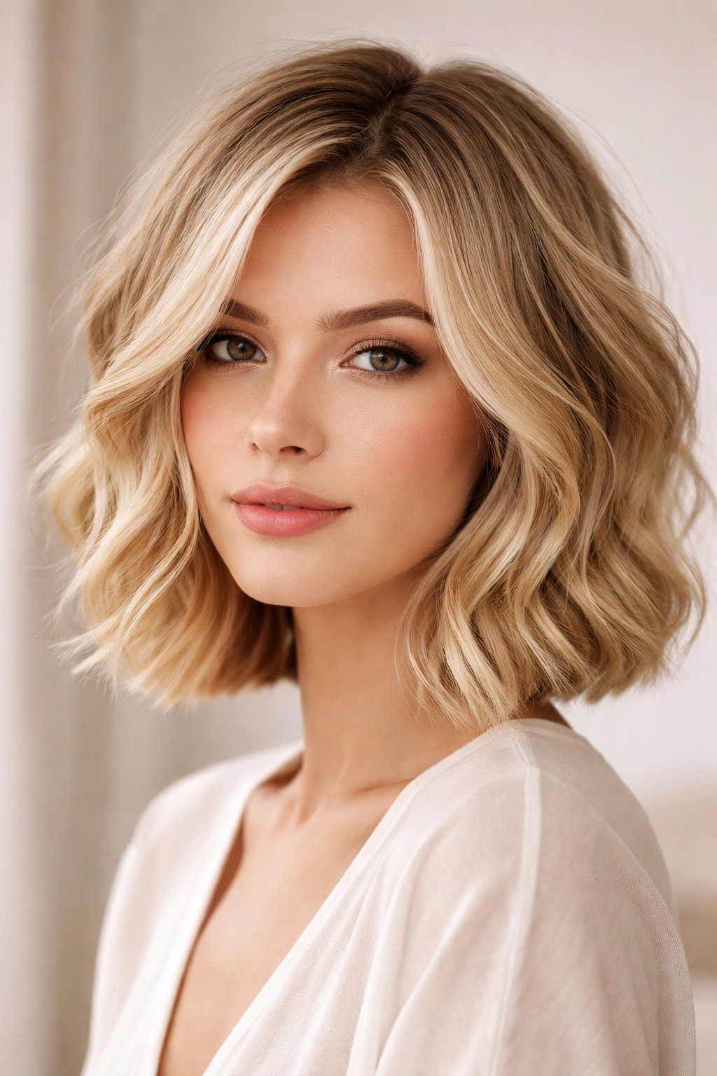 Chin-length soft wave bob with face-framing layers