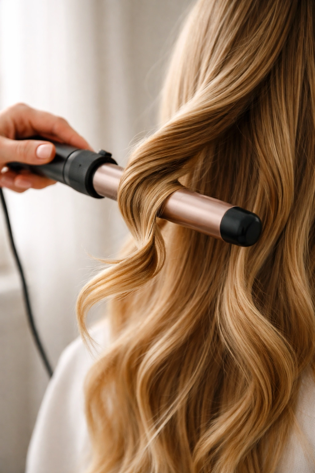 Hair wrapped around curling wand forming a soft wave