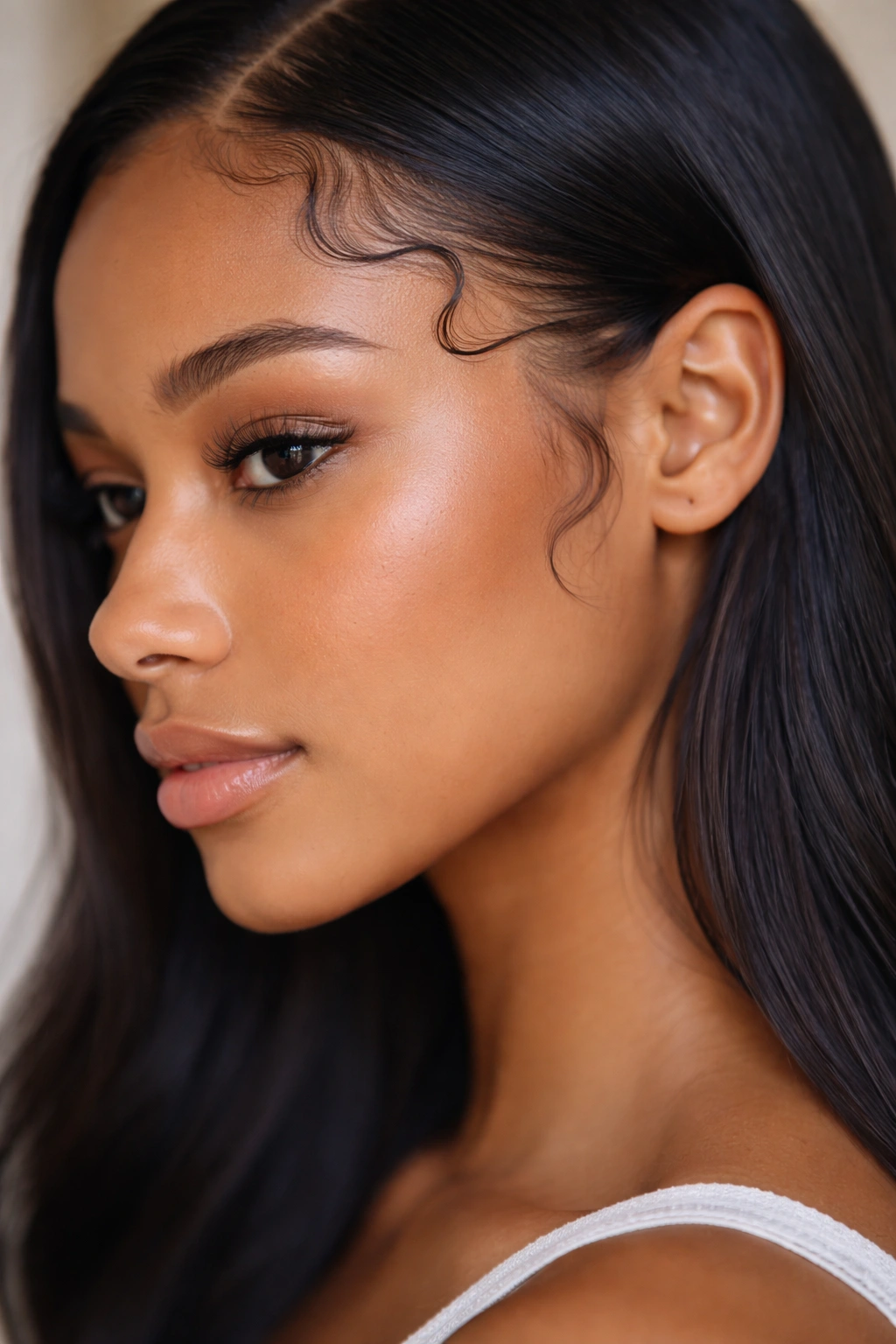 Close-up of soft wave edges along hairline with gentle S-curves