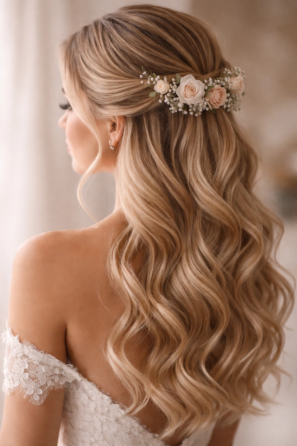 Profile view of The Soft Wave Half-Up with Flower Crown Accent hairstyle with soft waves and floral crown