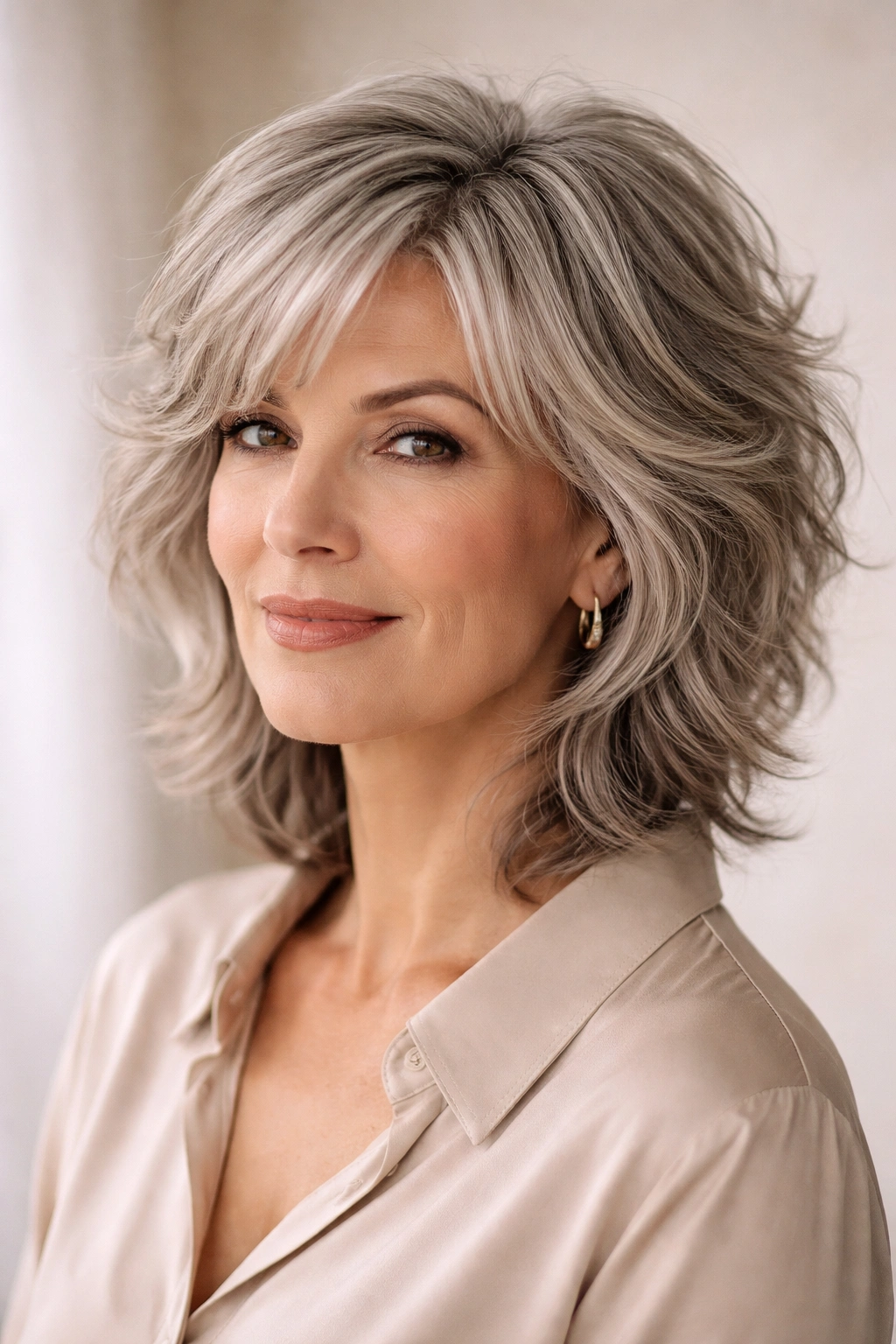 Portrait of a mature woman with a soft wave shag and crown waves in a neutral studio.