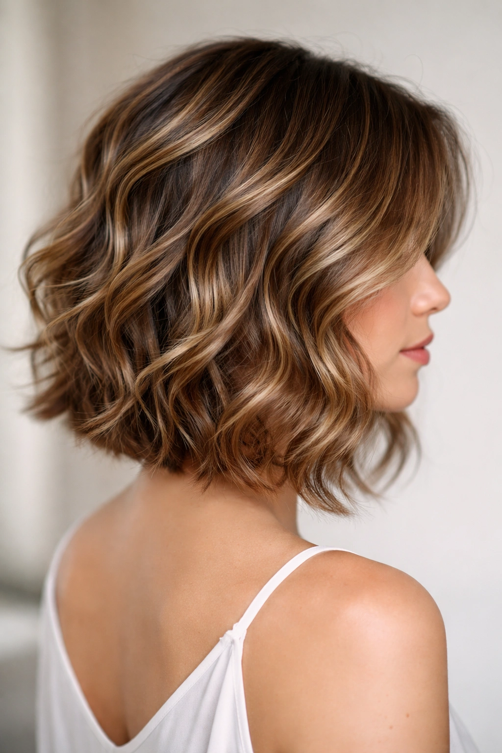 Soft waves hairstyle with ribbon balayage in a short layered cut; studio lighting.