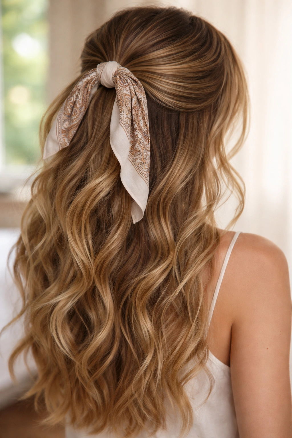 Three-quarter view of soft waves with bandana in a half-up hairstyle