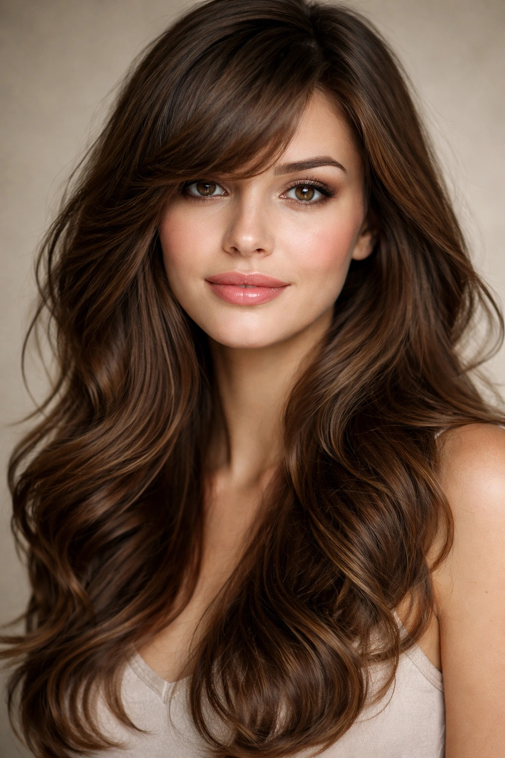 Brown hair with swoopy bangs blending into soft waves