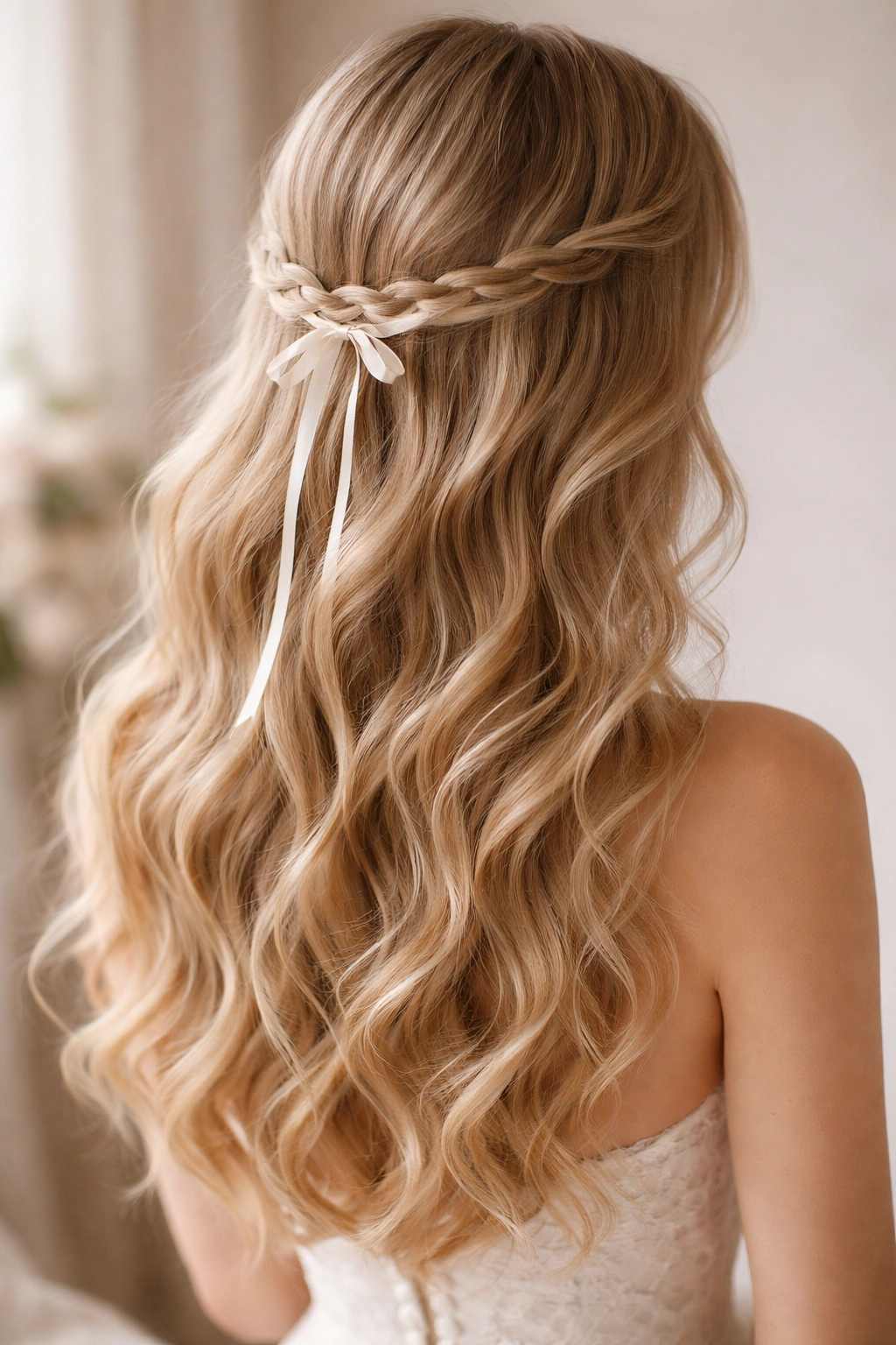 Close-up of soft waves with a braided accent on a bridesmaid hairstyle