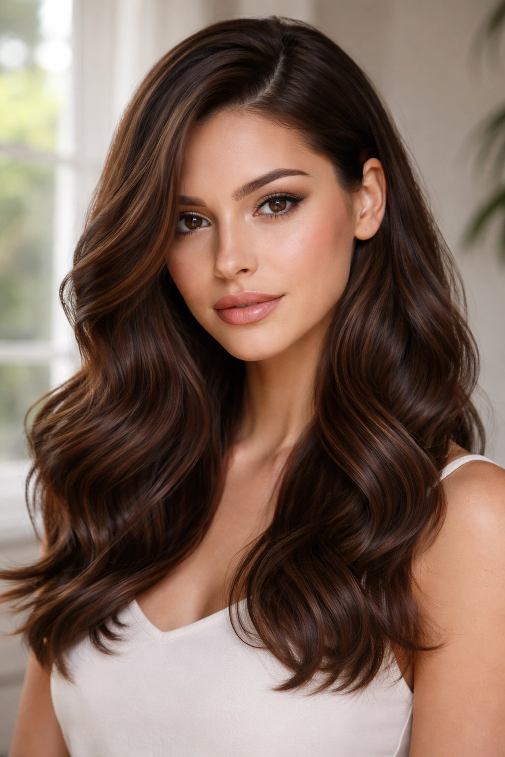 Brunette hair with a deep side part and soft waves framing the face