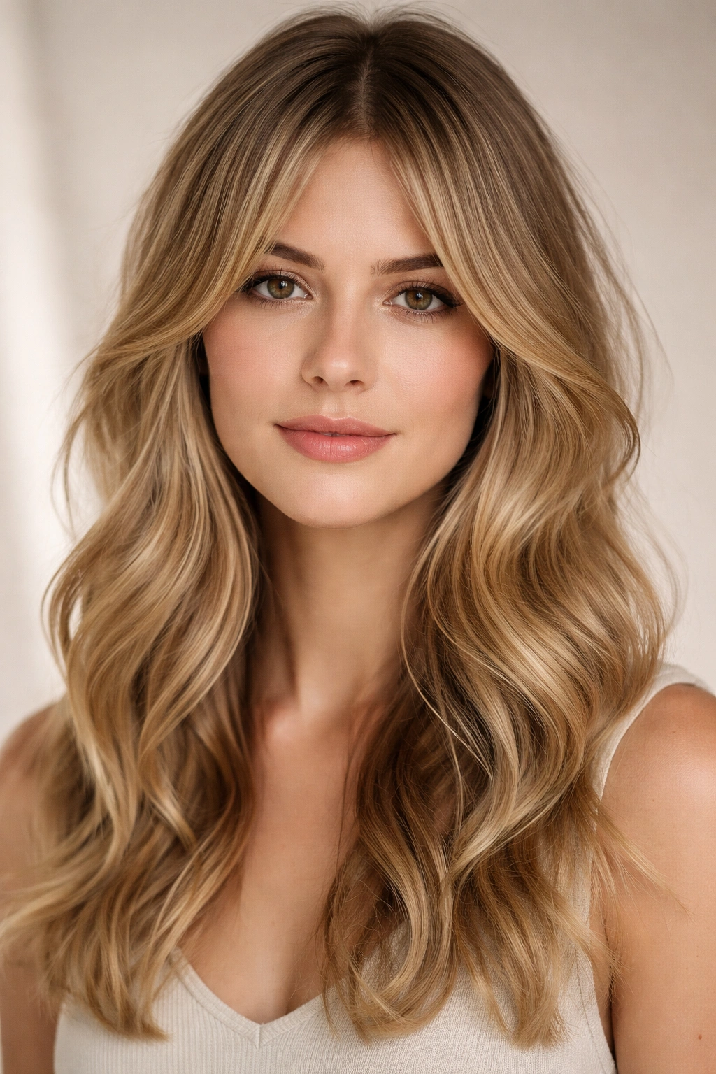 Close-up of soft waves with center-parted curtain bangs on fine hair