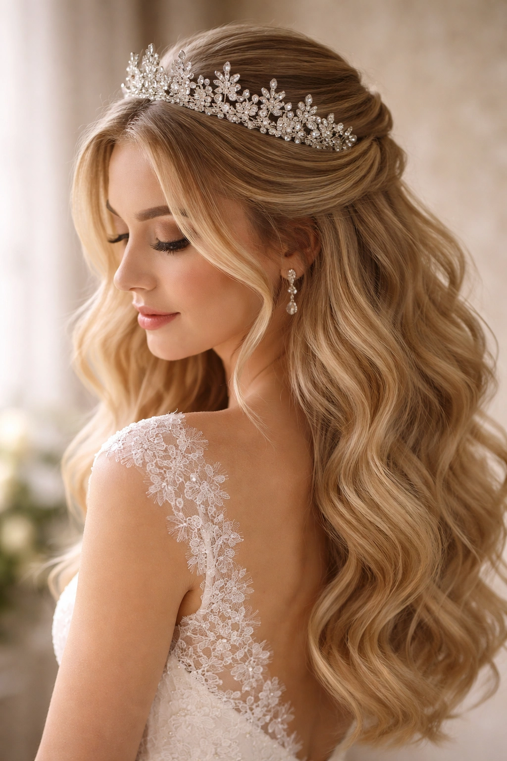 Close-up of soft waves with a crystal crown in a half-up style