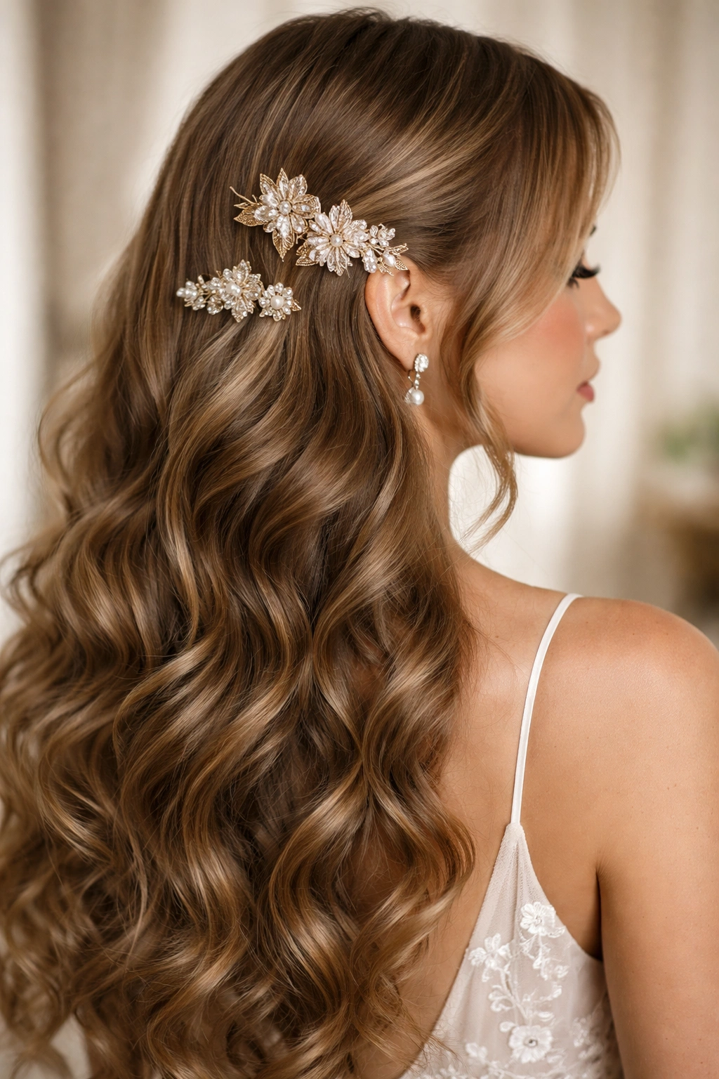 Close-up of soft waves with decorative clips creating a polished formal hairstyle