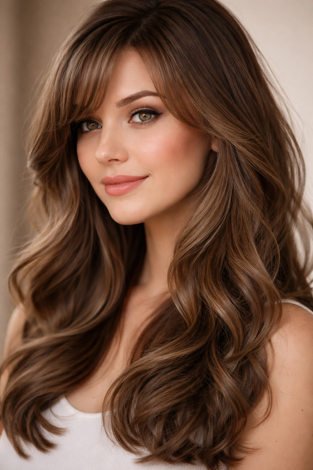 Close-up of soft waves with feathered side bangs framing the face