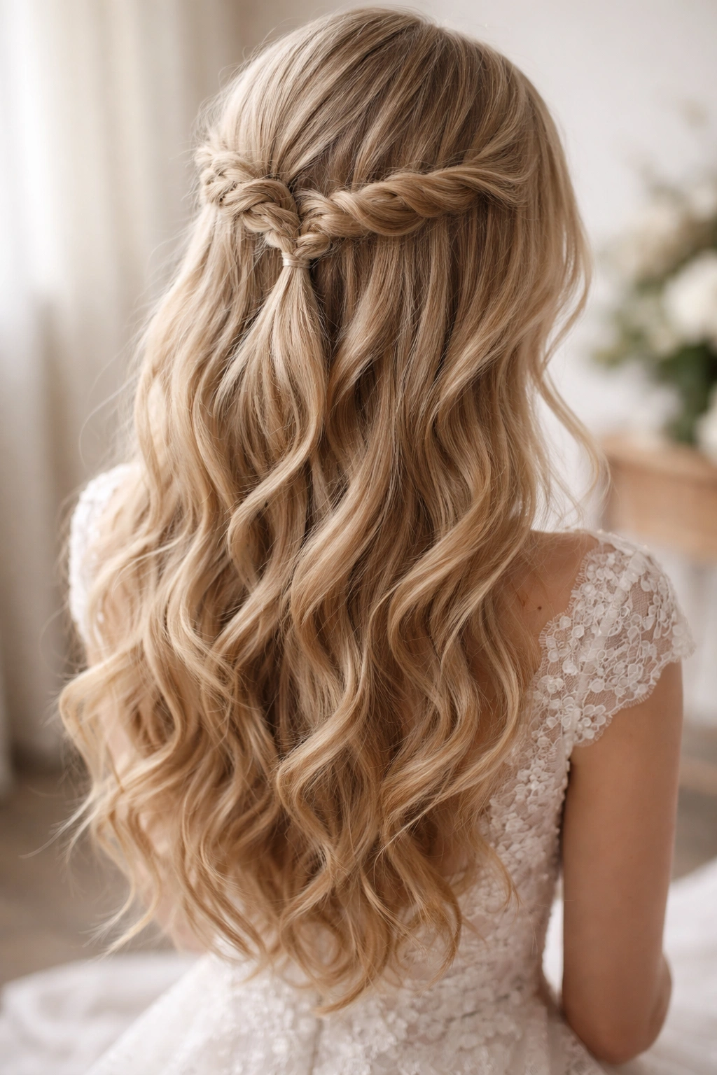 Delicate fishtail crown with soft waves hairstyle