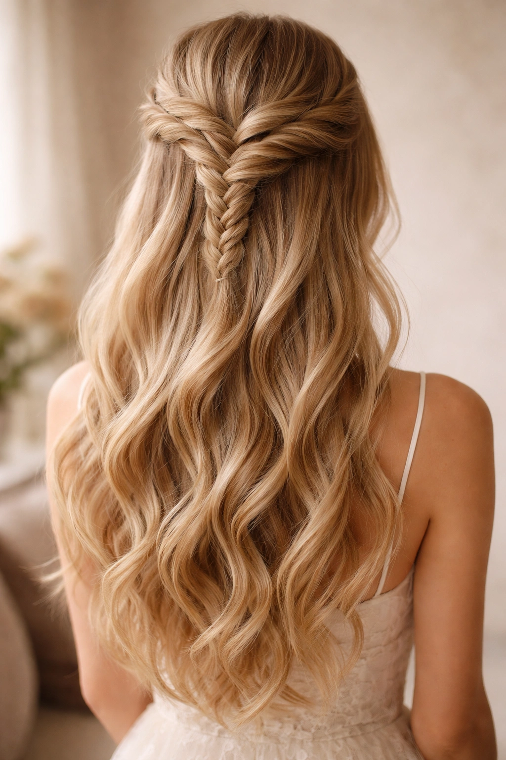 Fishtail Half-Up with Soft Waves hairstyle showing loose braid and flowing waves