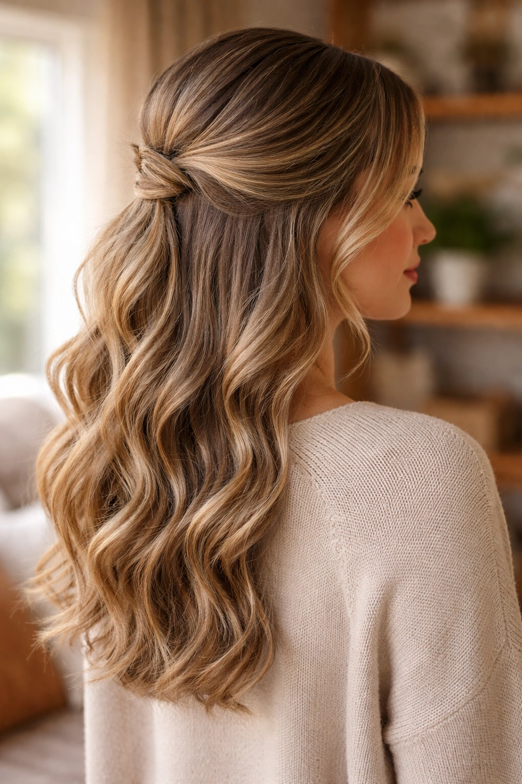 Soft waves half up hairstyle with loose waves and a low ponytail