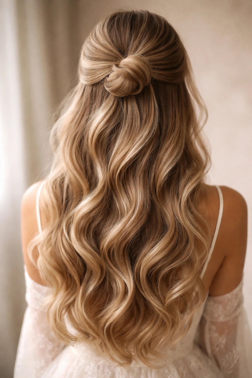 Back view of soft waves with half-up bun at crown on bridal hair
