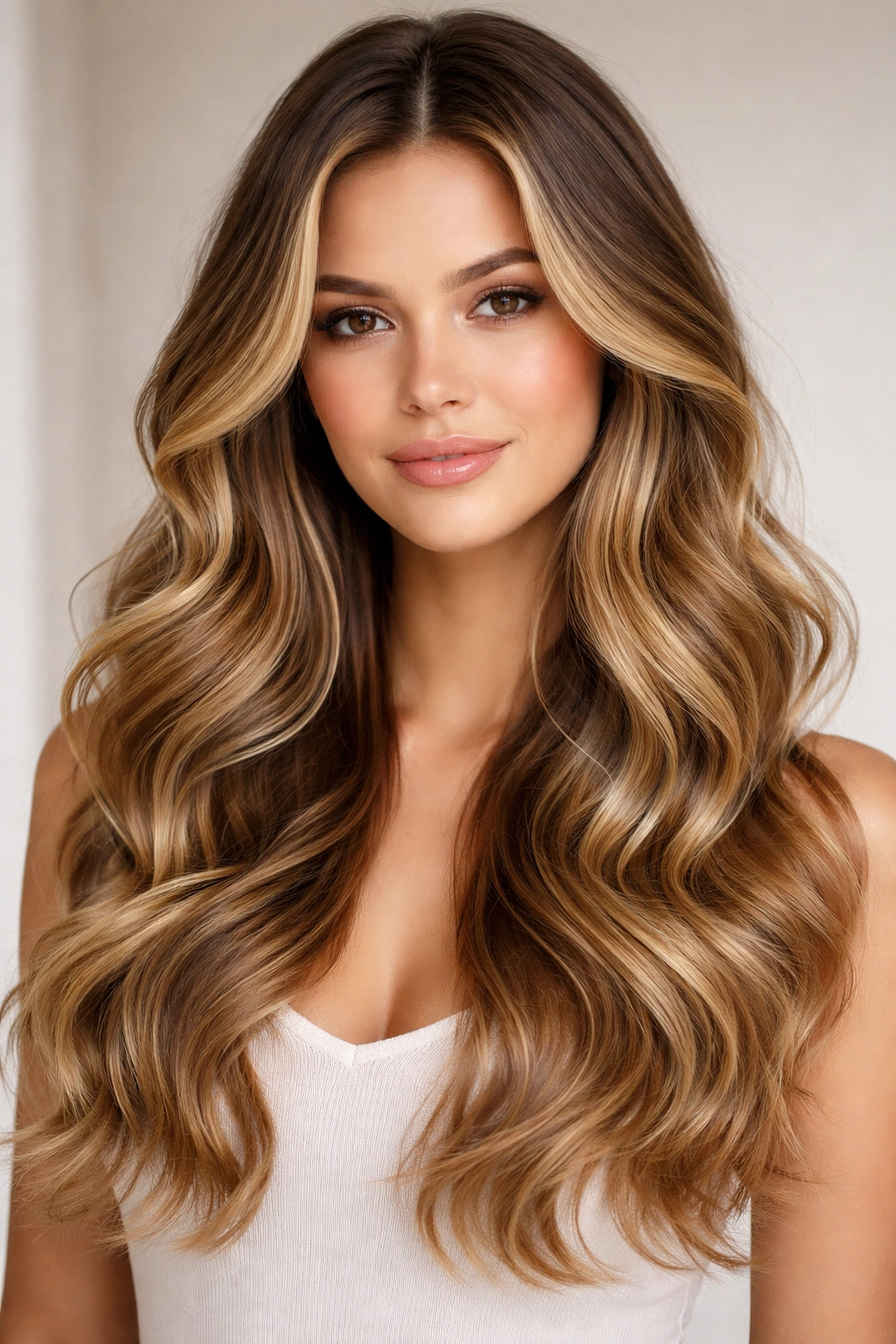 Soft, polished waves with honey-blonde balayage framing the face