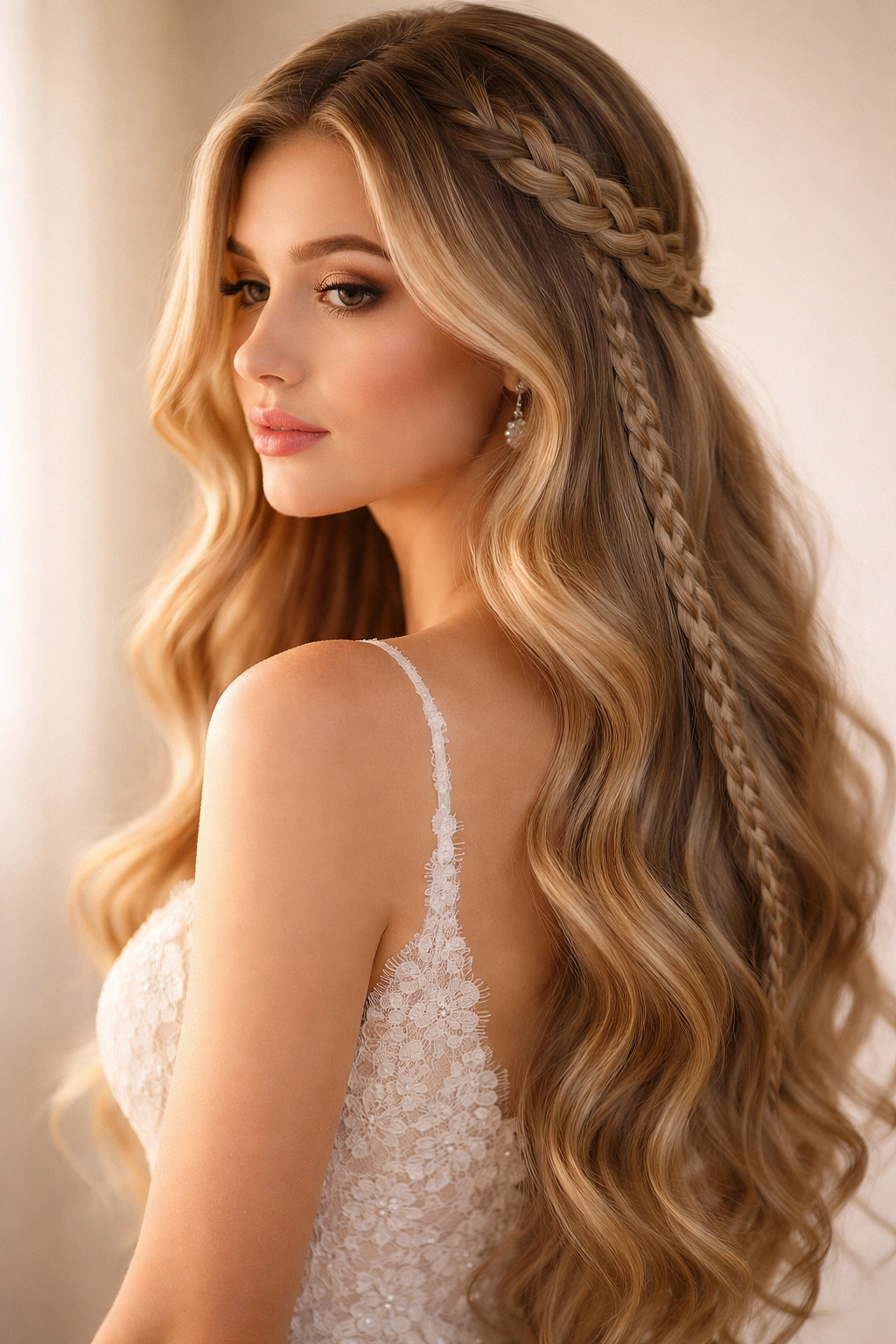 Soft romantic waves with lace braid accent woven through hair