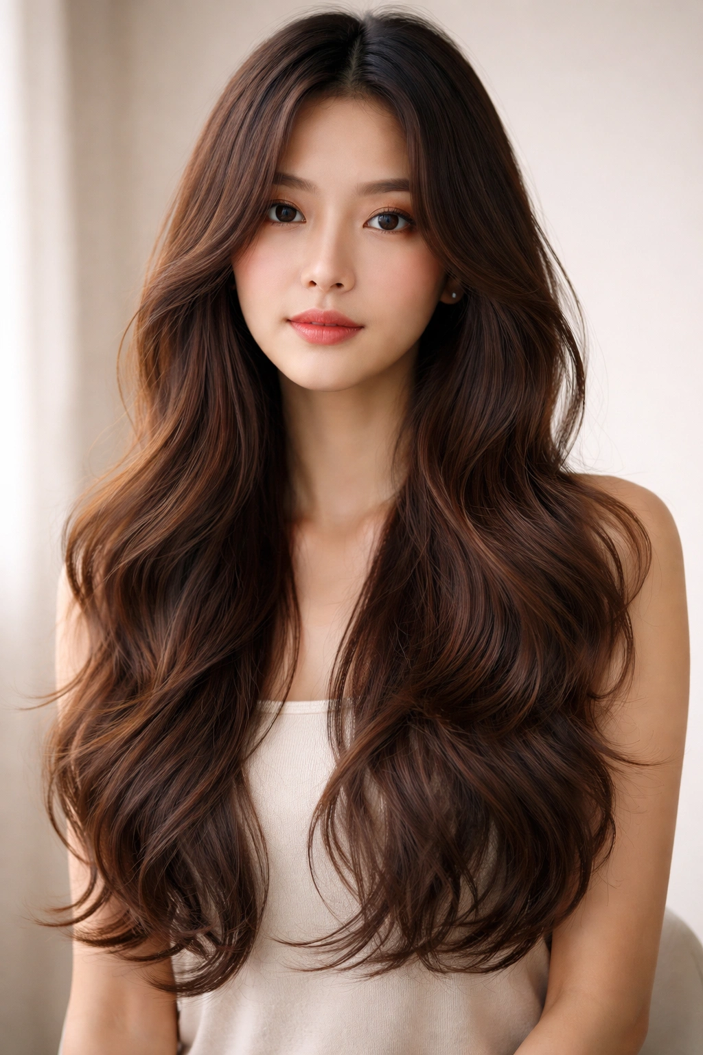 Soft waves with layered texture, long hair with subtle layers in studio portrait