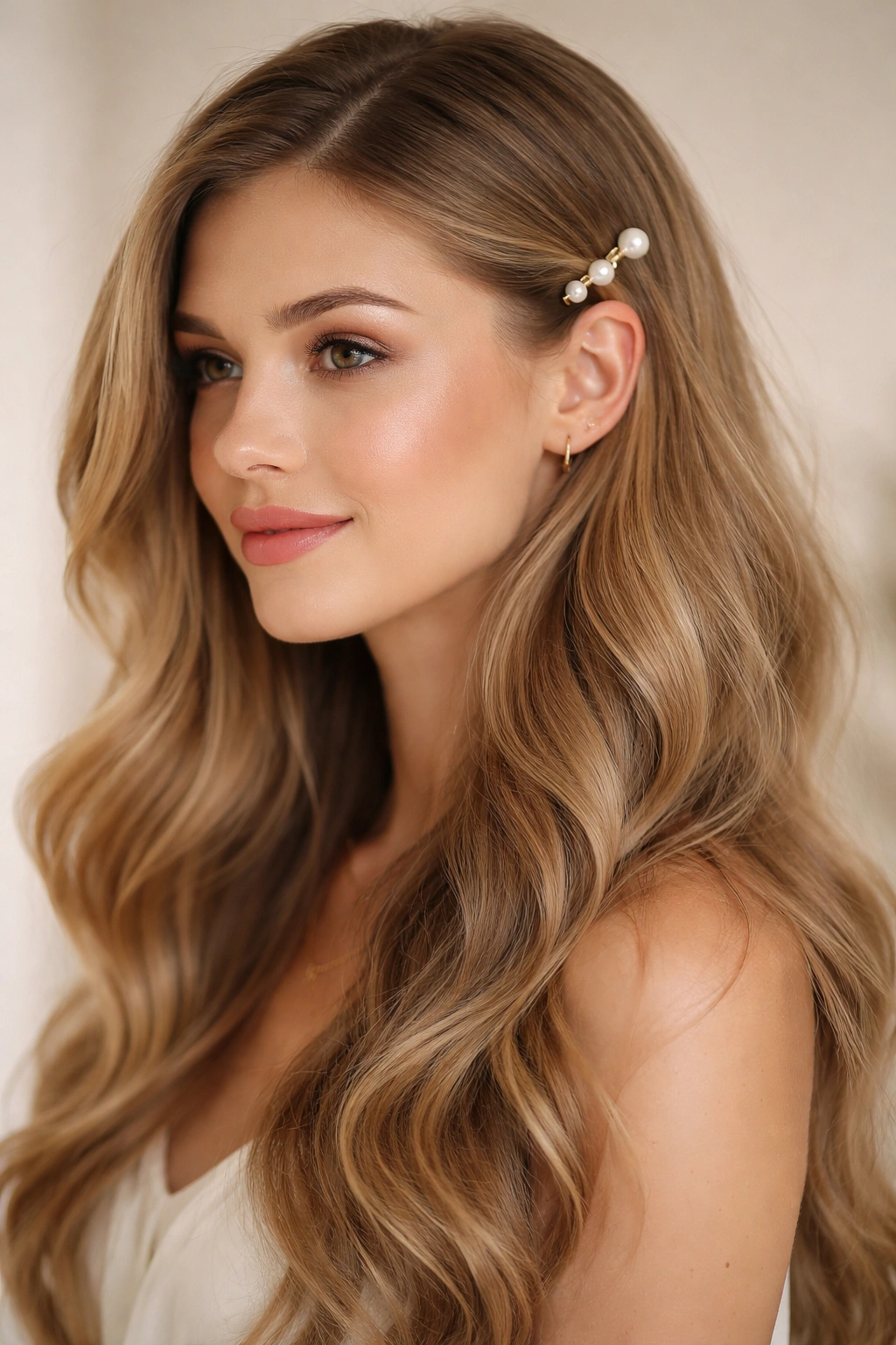 Side view of soft waves with a single pearl clip near the temple.