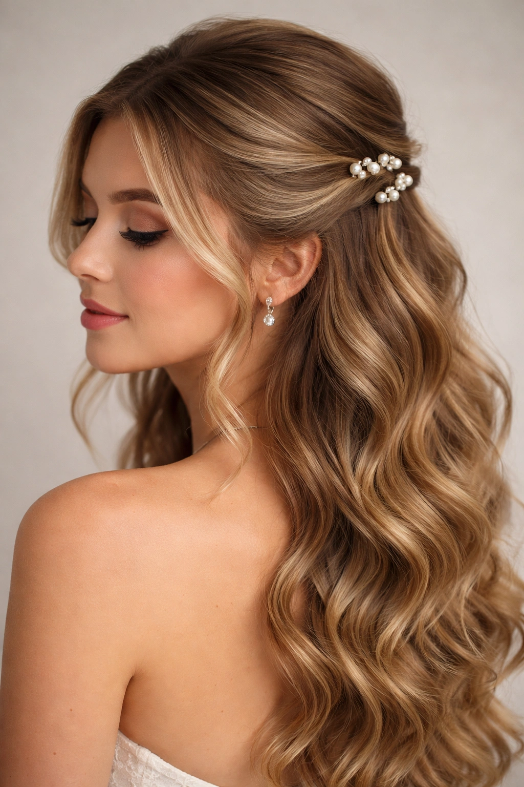 Close-up of loose waves with pearl clips pinned at the back