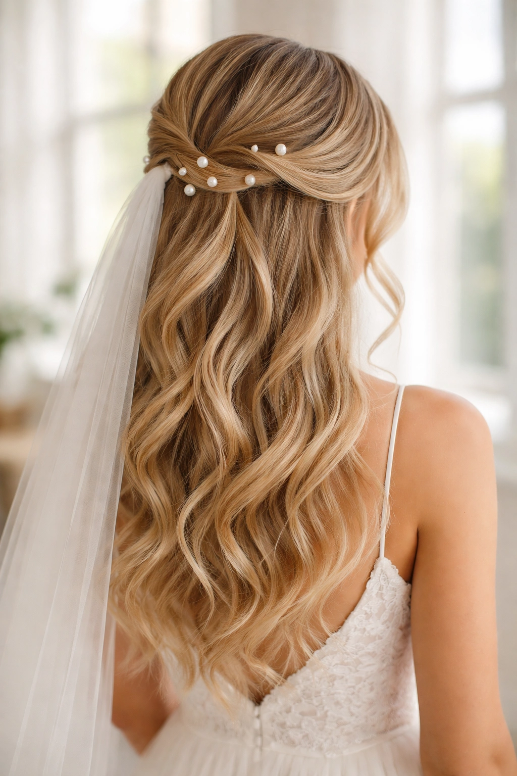Soft waves with scattered pearl pins in half-up hairstyle