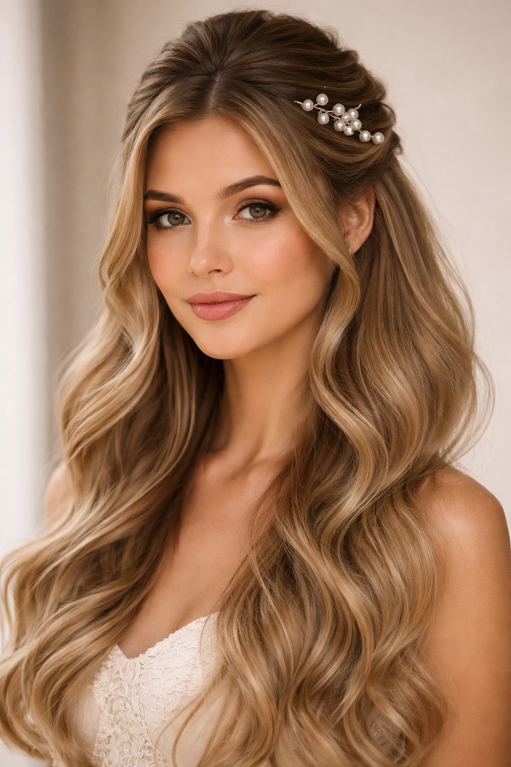 Soft waves half-up with pearl pins securing the section