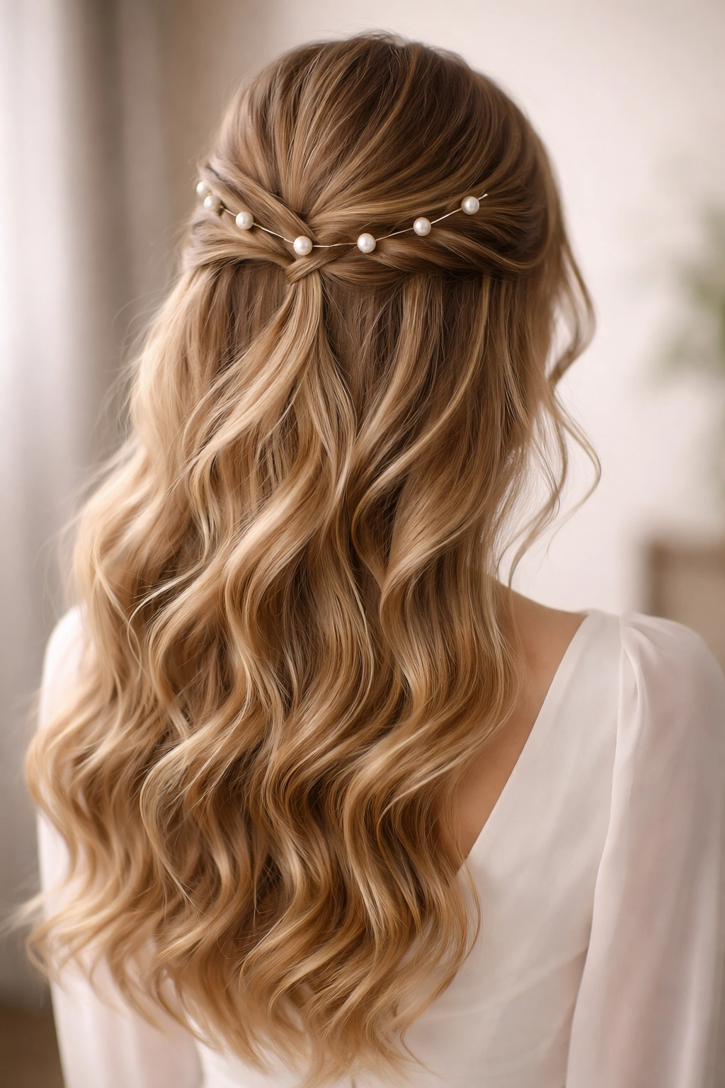 Soft waves with pearl pins gathered at the top for a bridal look.