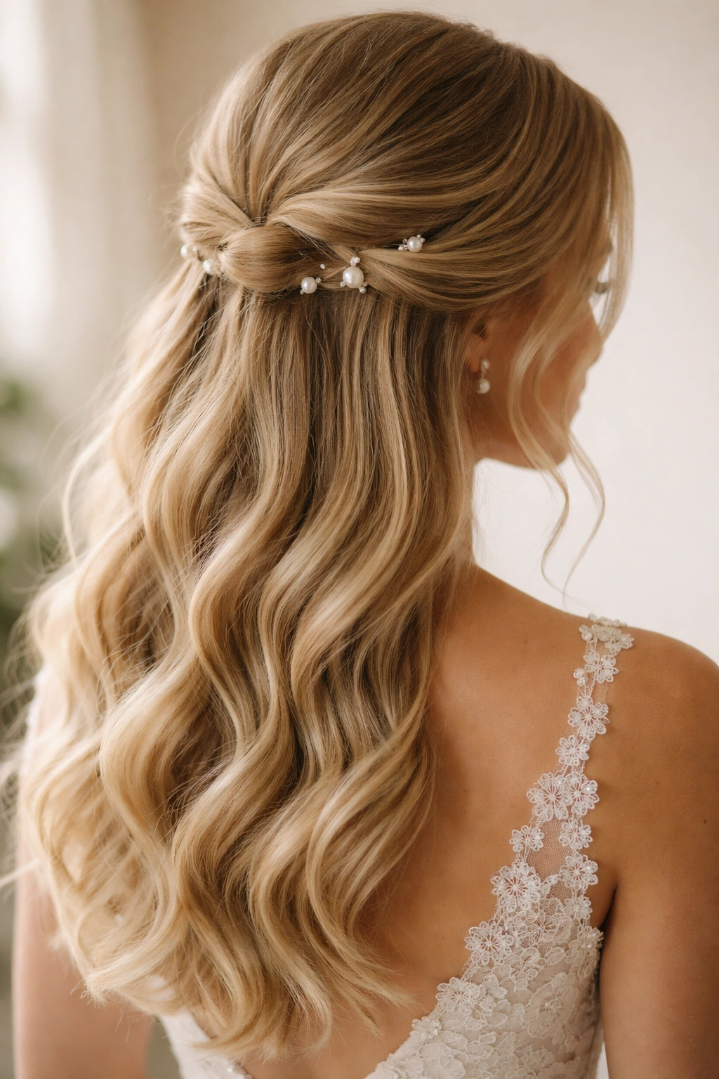 Close-up of a bridal half-up hairstyle with soft waves and pearl pins