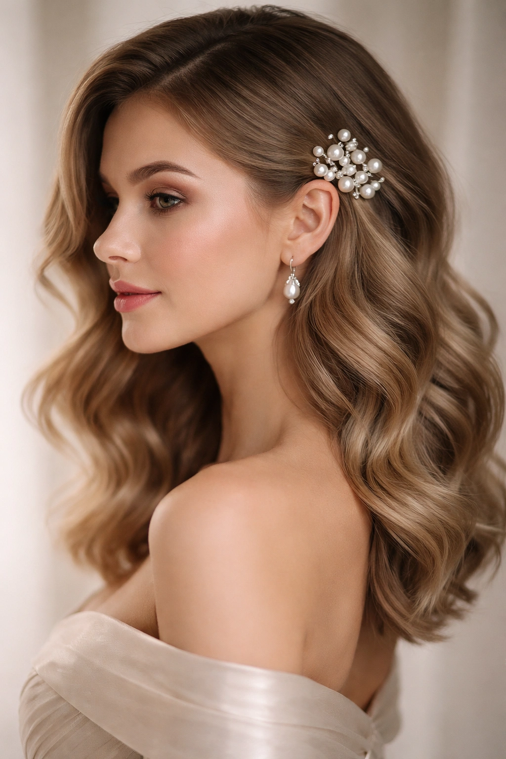 Soft waves with pearl hair pins on a model