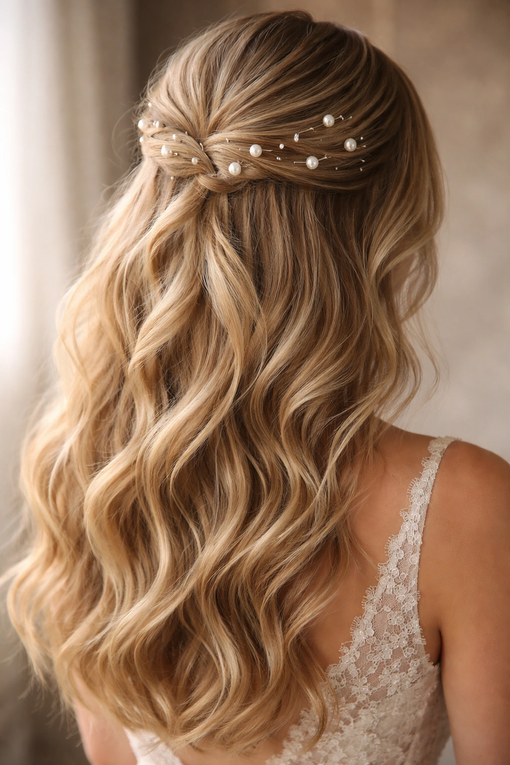 Romantic soft waves with pearl pins scattered along half-up crown
