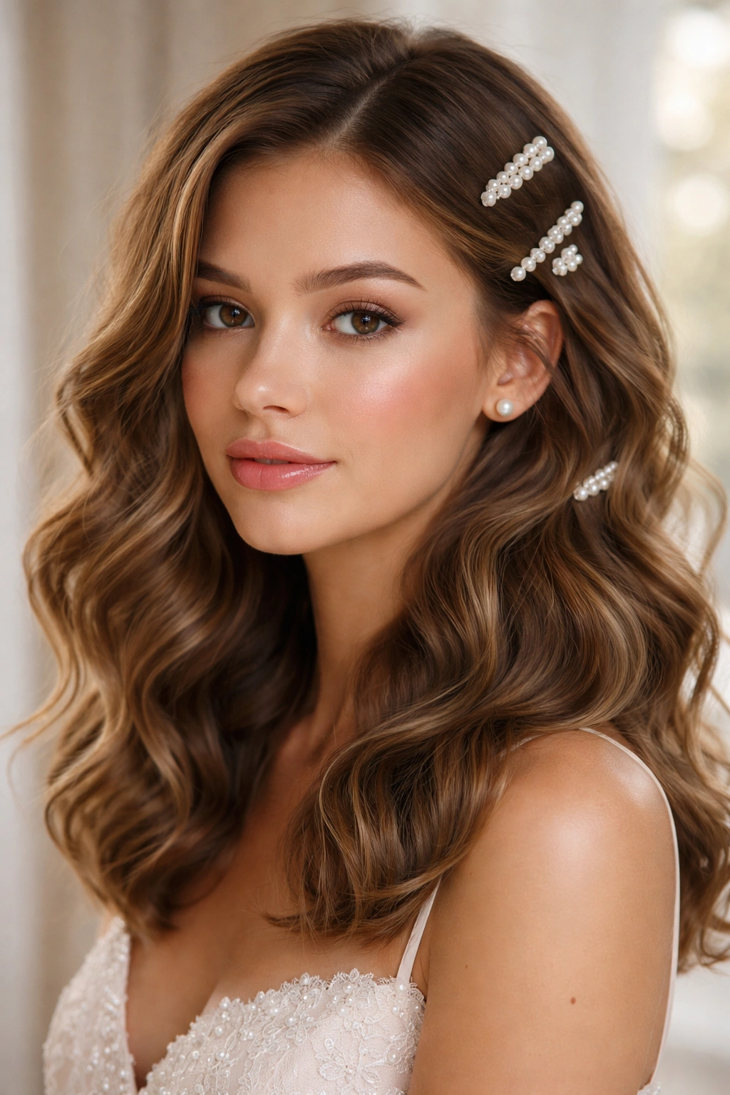 Soft waves with pearl hair clips added for prom