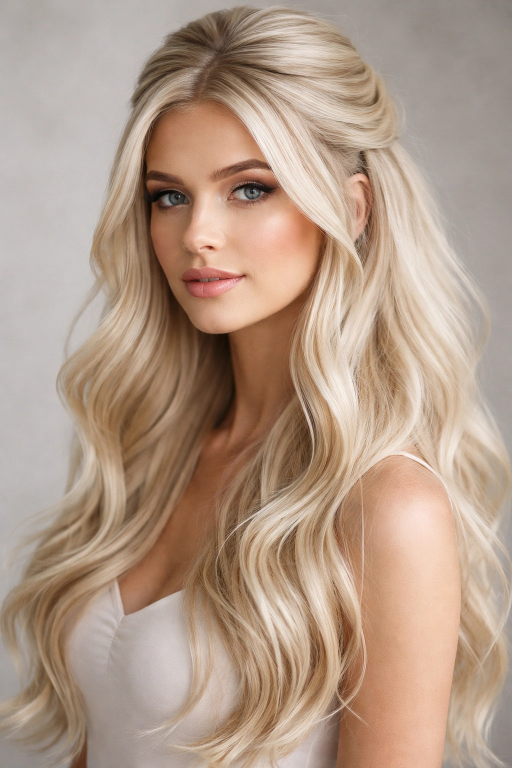 Soft waves platinum blonde with half-up crown and face-framing styling