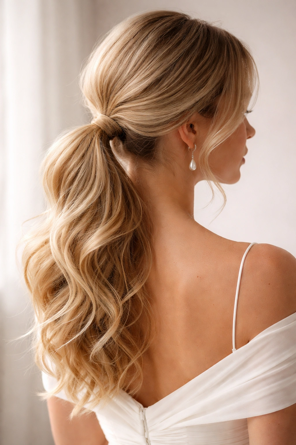Low ponytail with soft, romantic waves