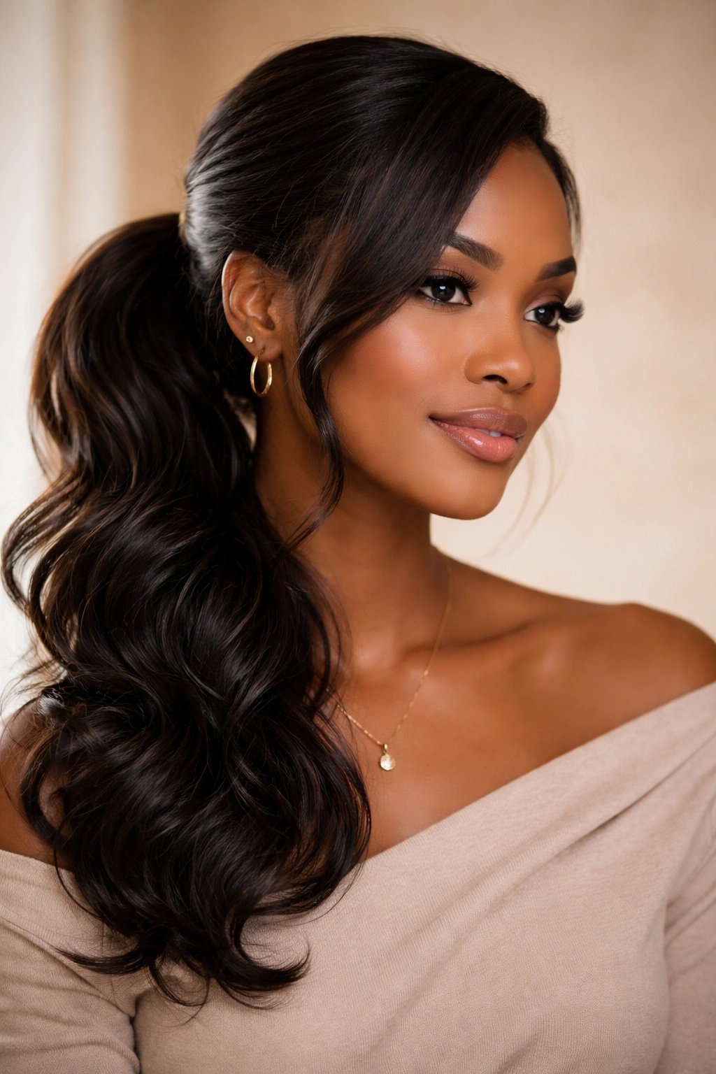 Close-up of side ponytail with soft waves and side-swept styling