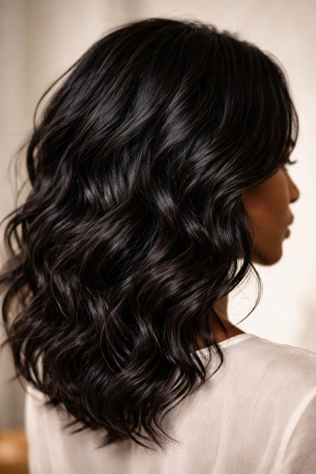 Close-up of soft waves with subtle texture and movement in Black hair