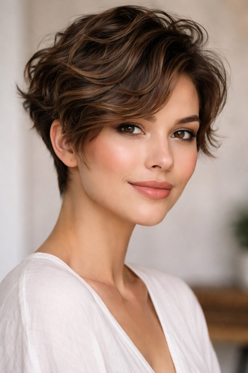 Portrait with long top, soft waves, tapered sides for balanced heart-shaped face