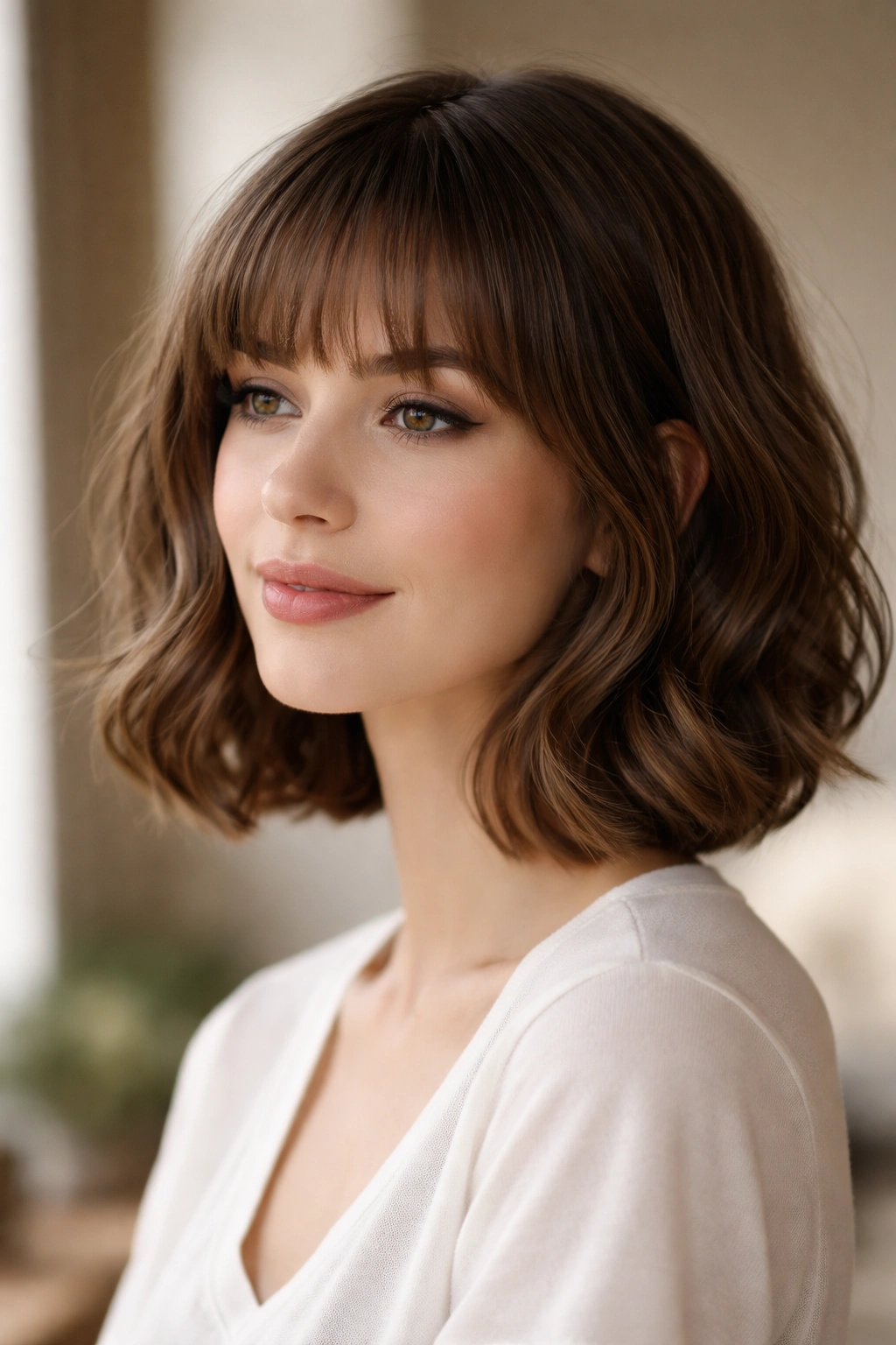 Soft wavy bob with delicate bangs on straight hair in a studio.