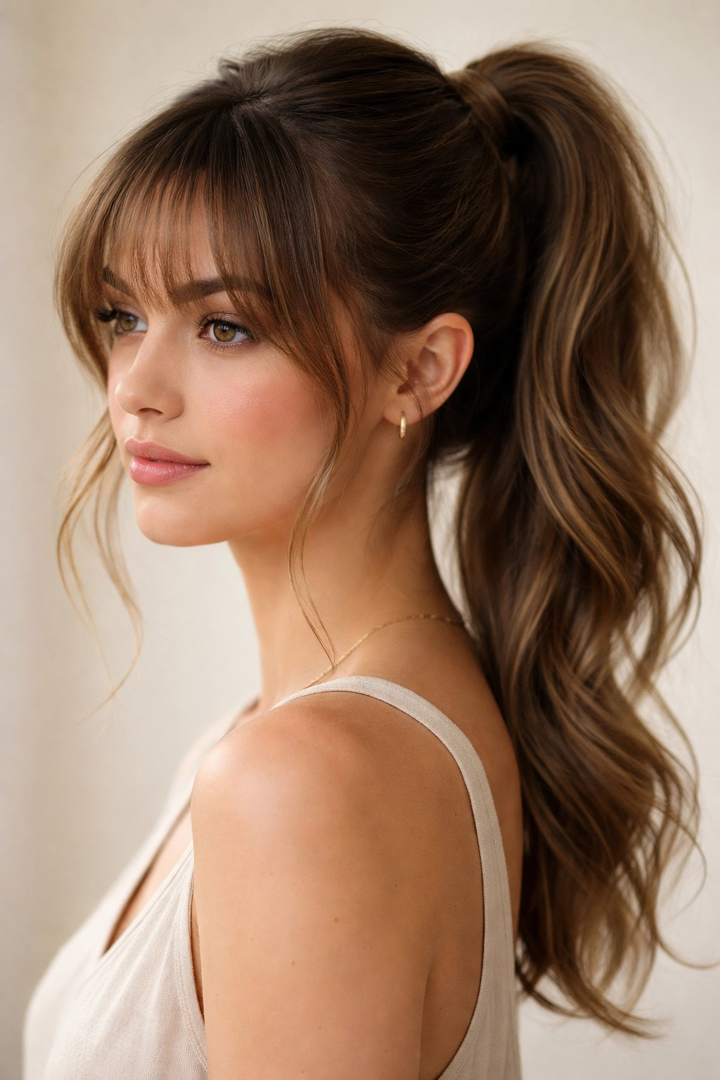 Soft wispy bangs with wrapped ponytail and face-framing pieces