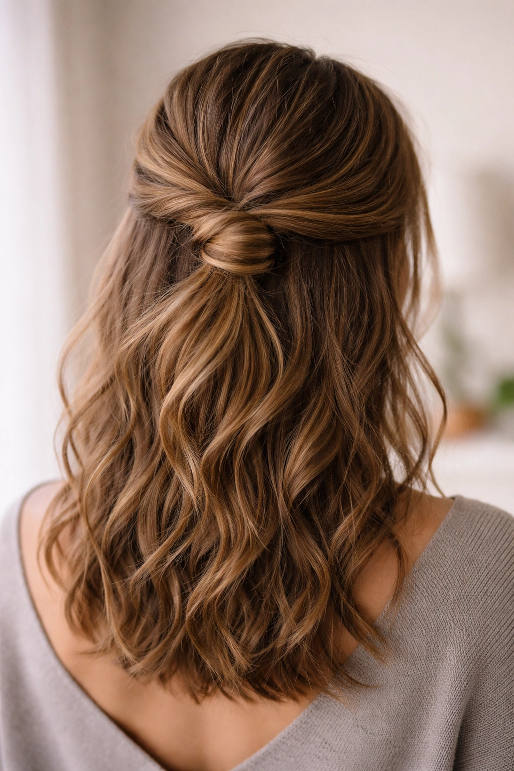 Back view of The Soft Wrap Half-Up Bun with a diagonal wrap forming a soft bun at the nape
