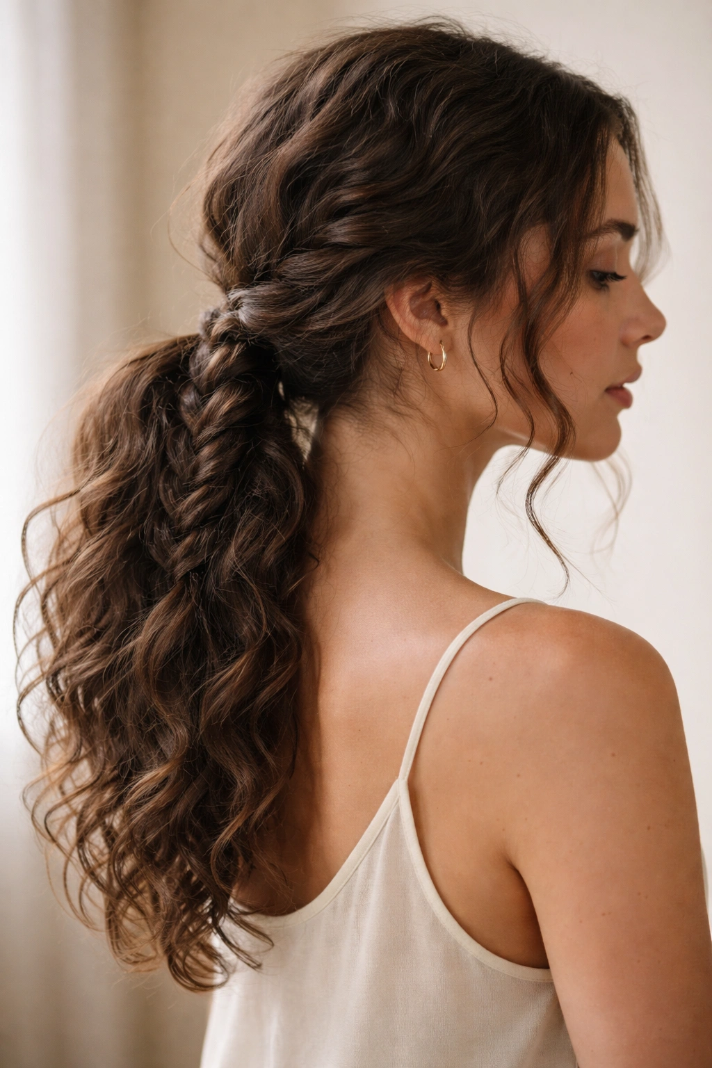 Low ponytail with a softly braided section