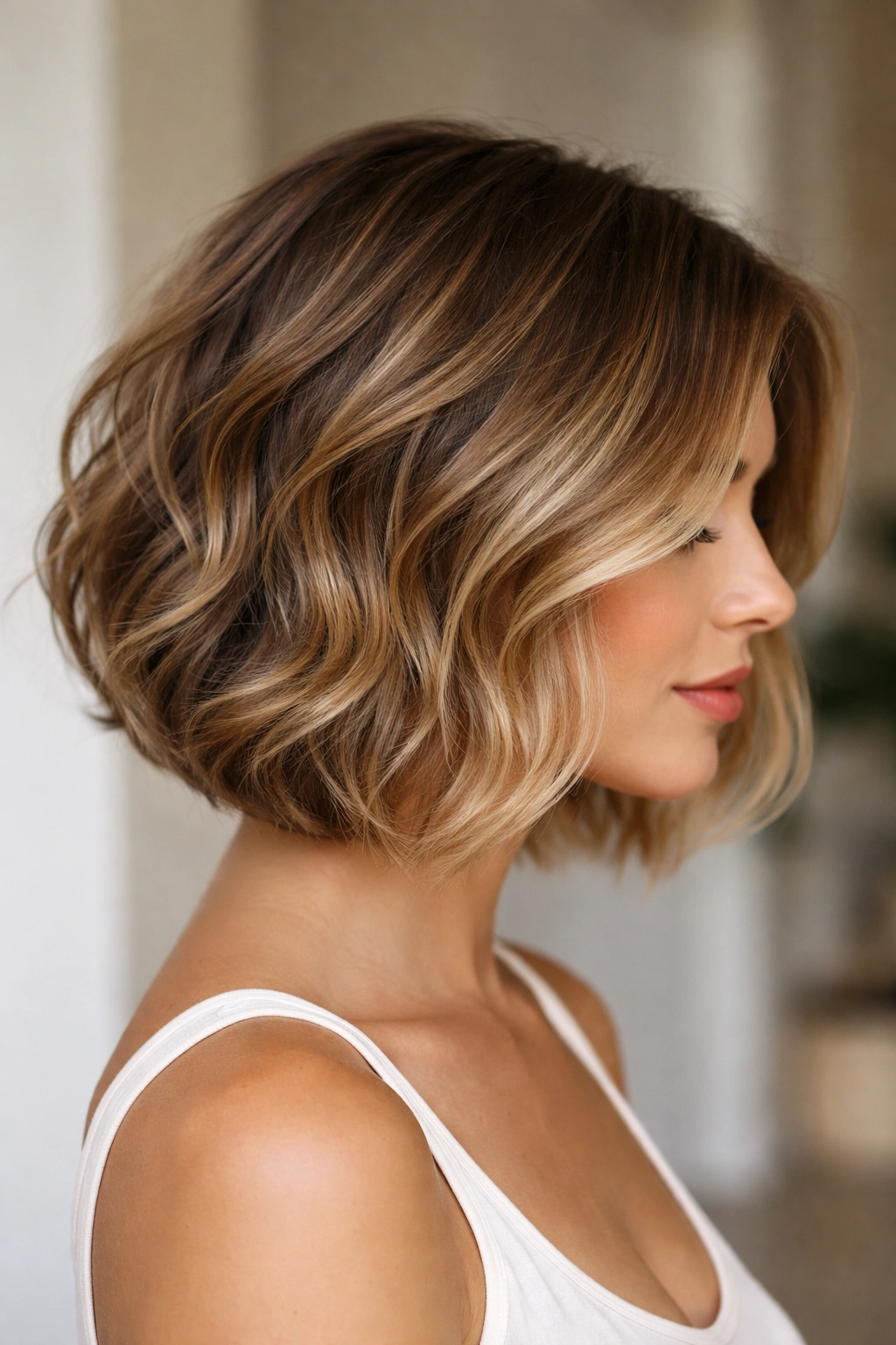 Side-profile of softly layered bob with bronde balayage showing warm color melt