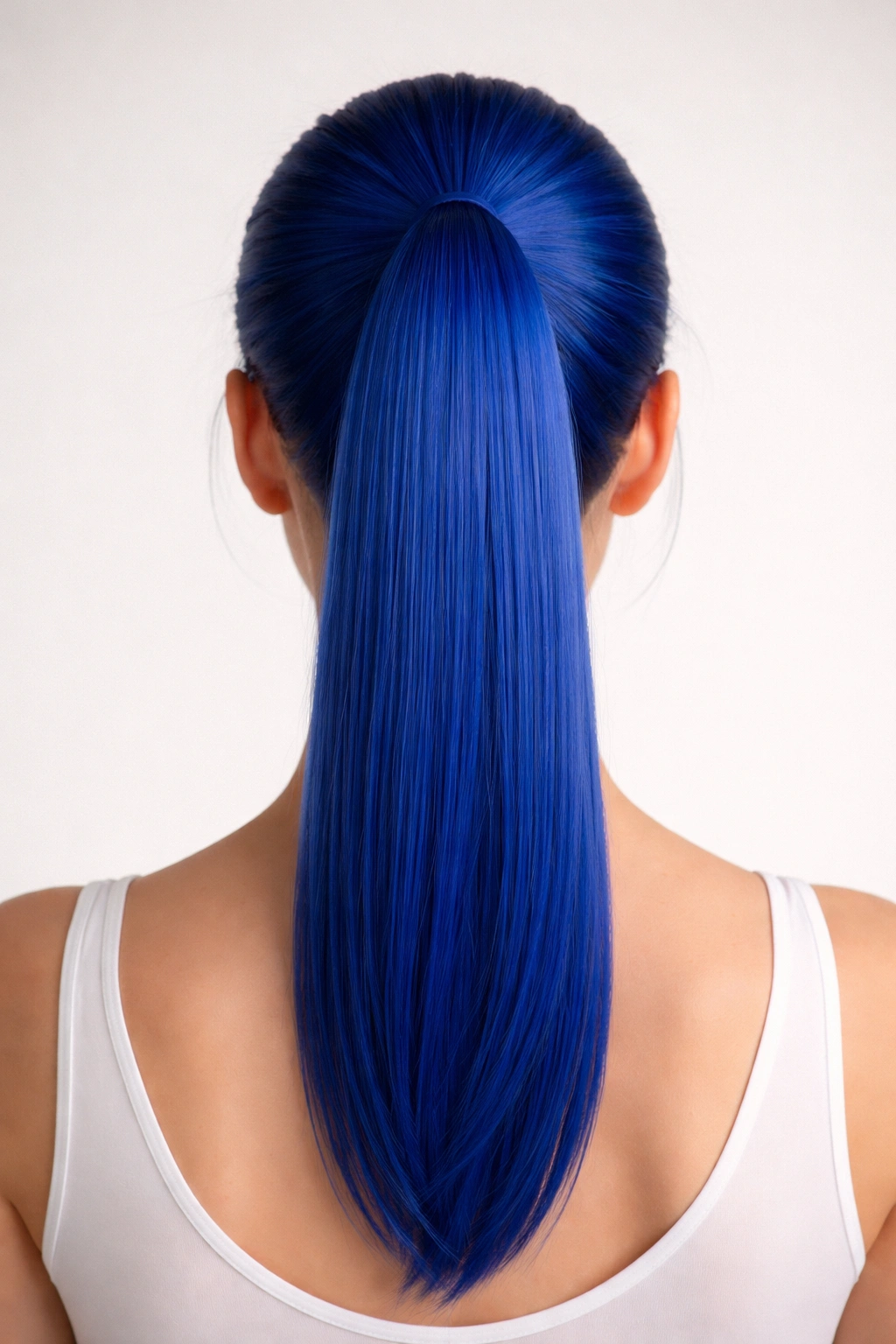 Back view of a single uniform blue ponytail from root to tip against a neutral studio backdrop