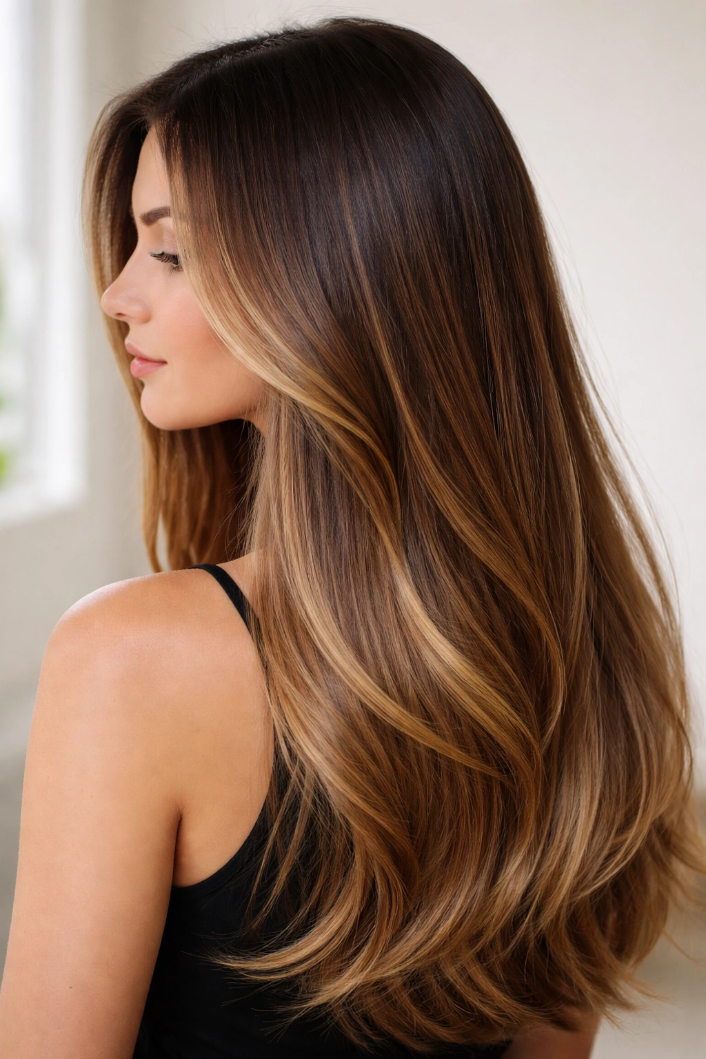 Subtle sombre gradient with caramel tones on straight hair