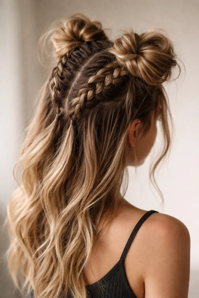 12 Messy Half Up Half Down Space Bun Styles