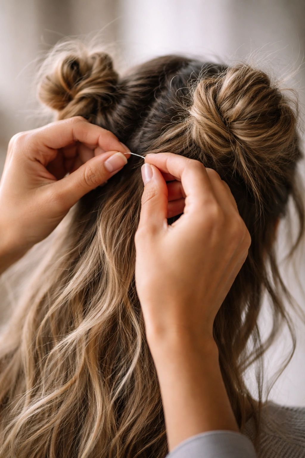 Close-up of hands tying a hair elastic to finish a half-up half-down space bun, emphasizing texture