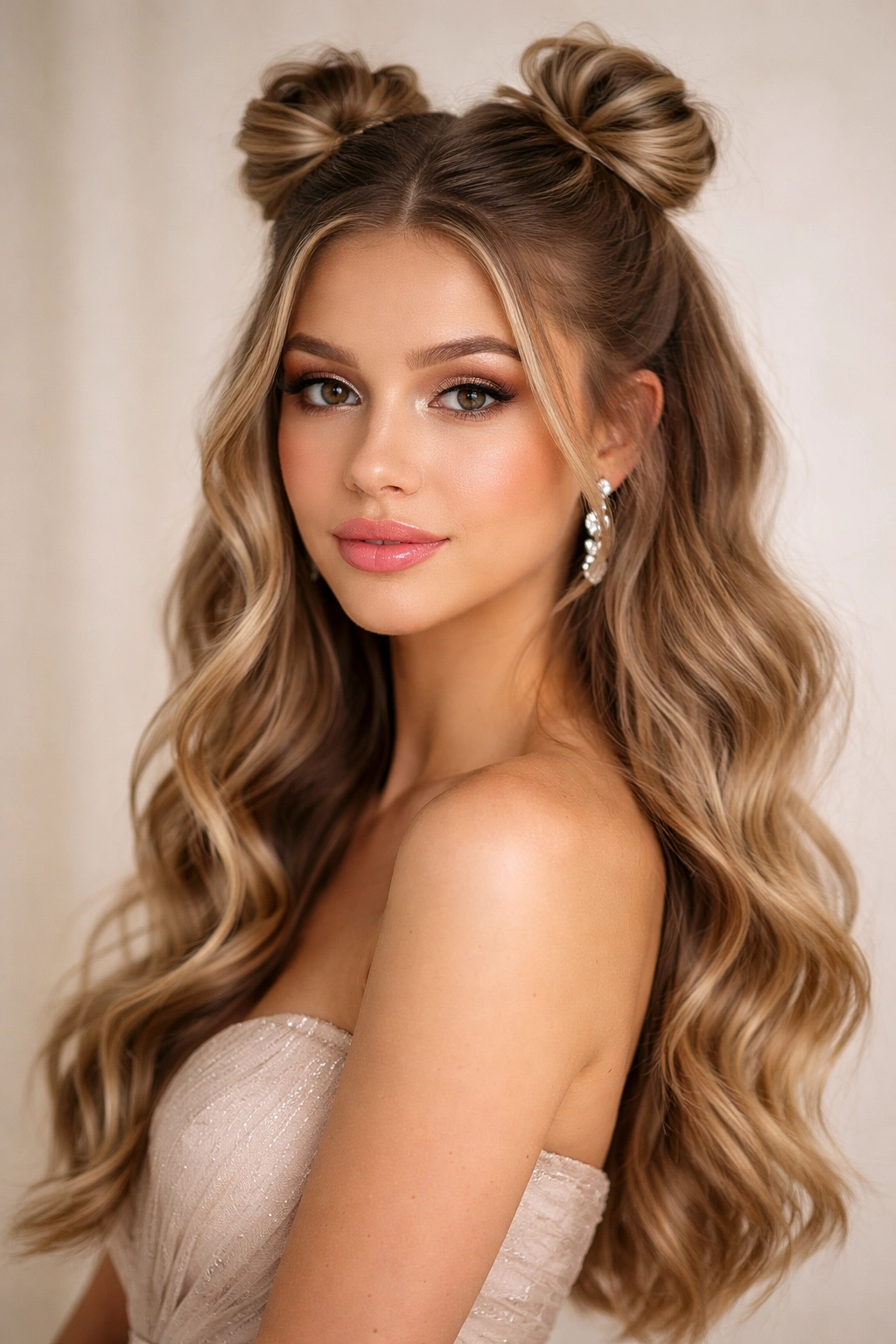Two small buns at the crown with loose waves below