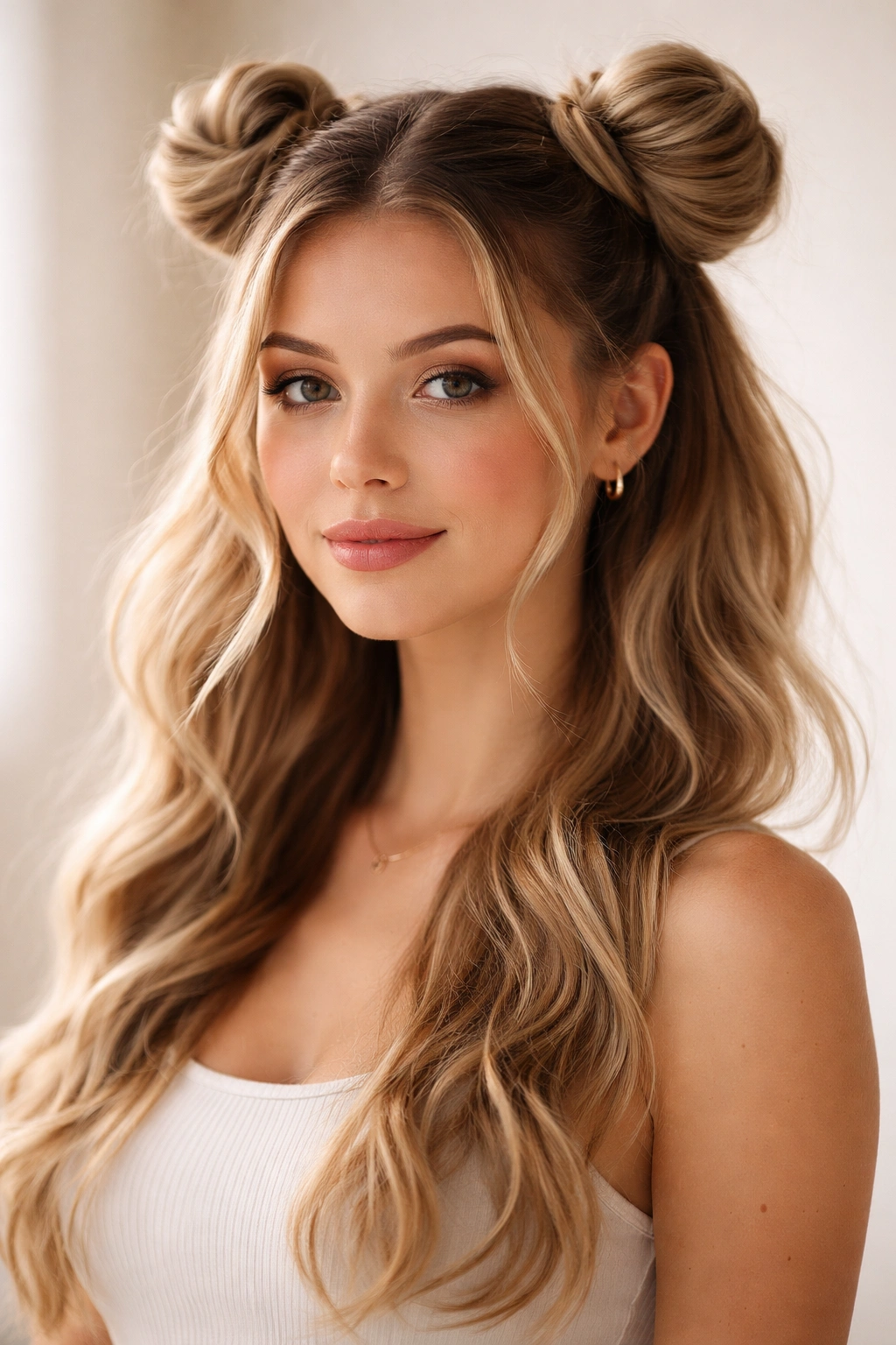 Space bun pigtails behind the ears with bottom waves