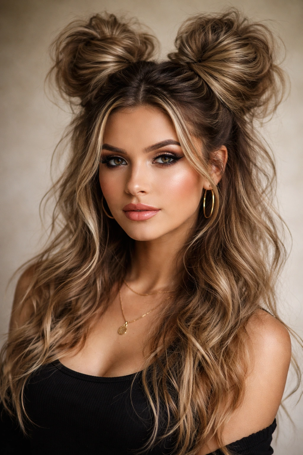 Two oversized, teased space buns with high volume