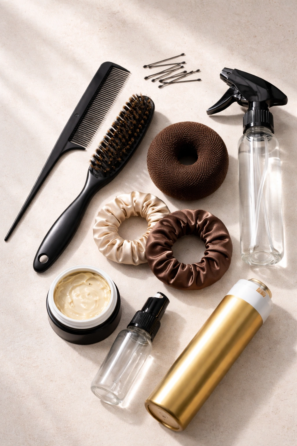 Flat lay of space bun styling tools including comb, pins, elastics, bun-maker