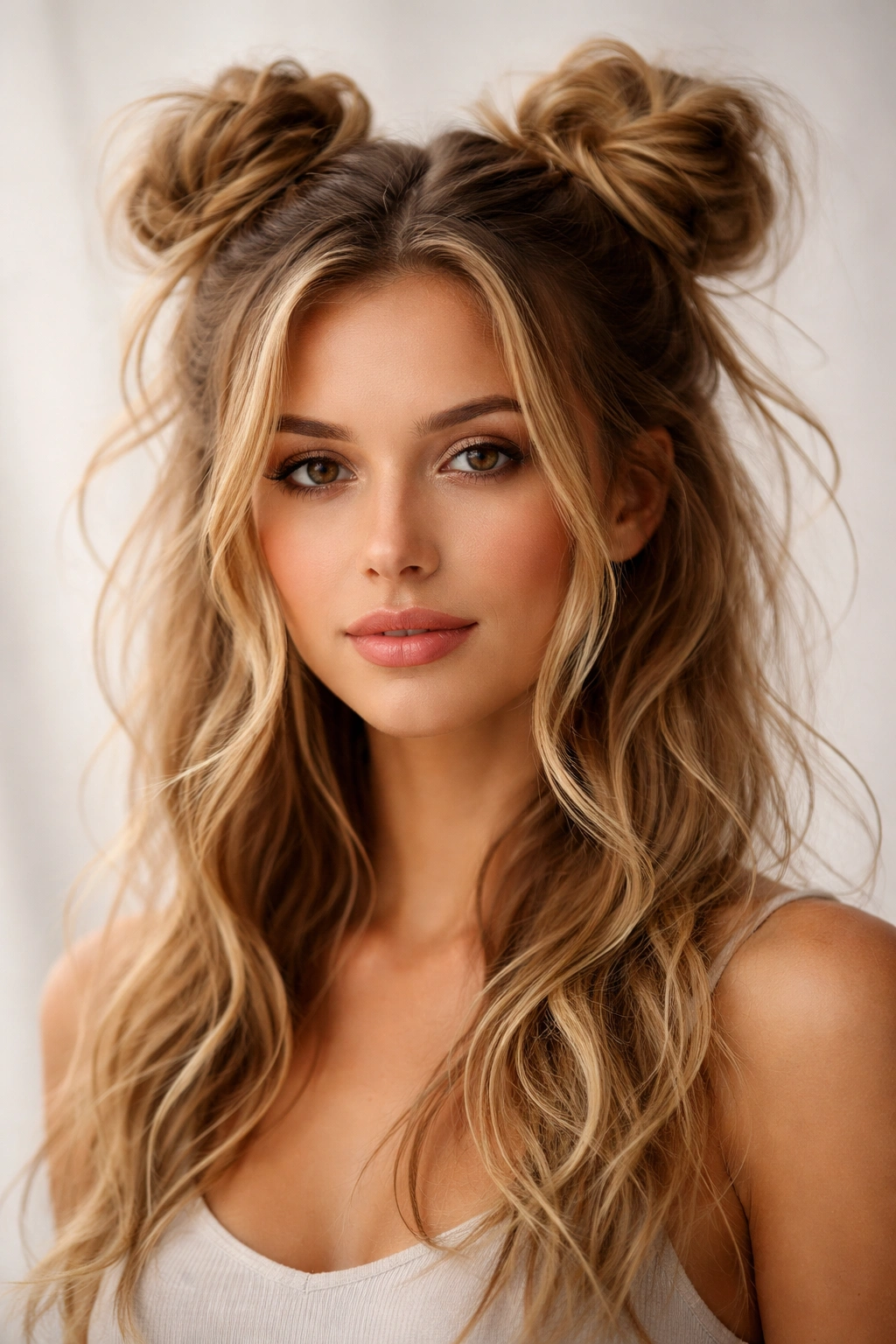Close-up of two loose space buns with escaping strands and textured hair