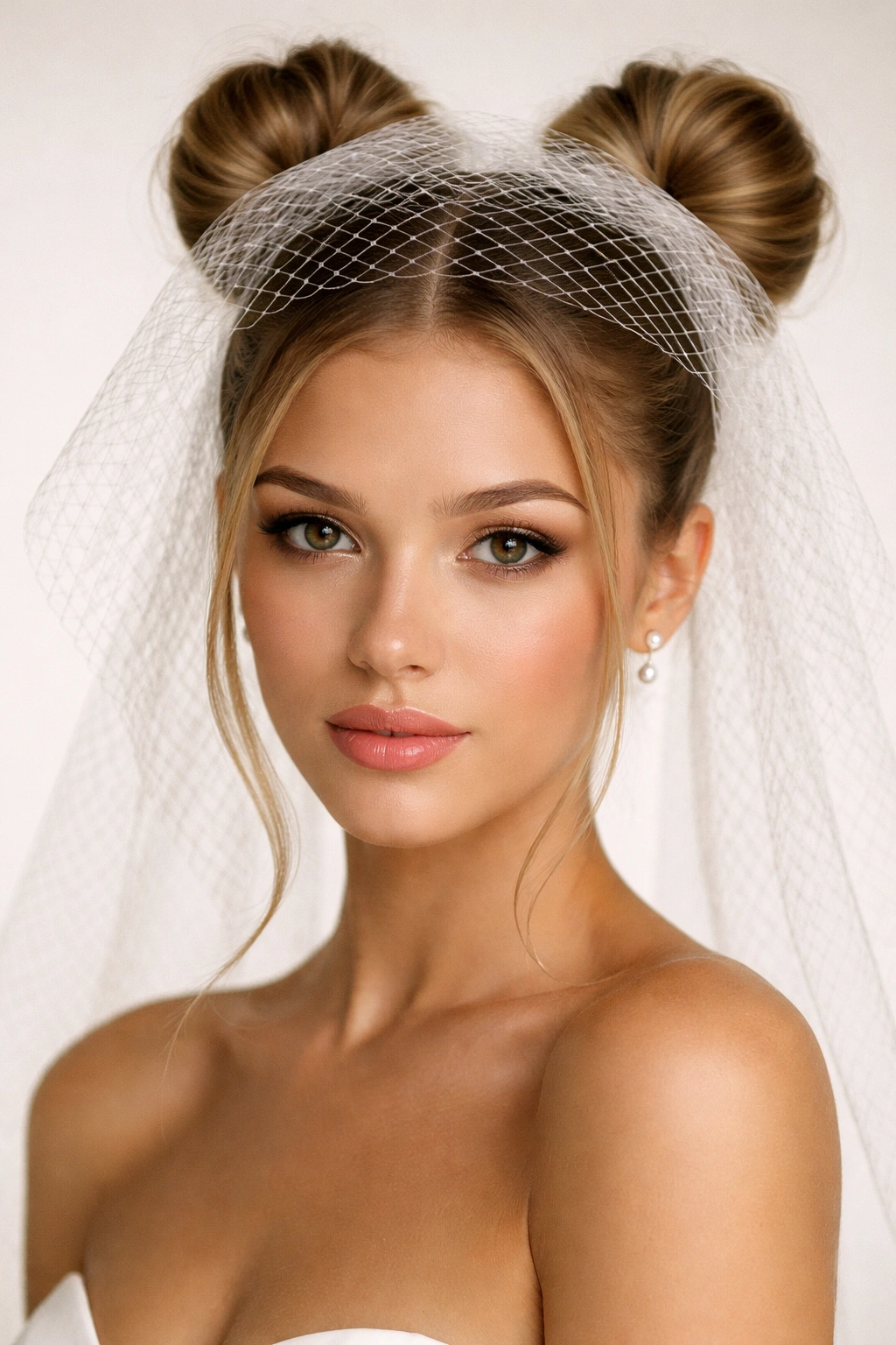 Close-up of space bun ponytails with mesh veil in studio lighting